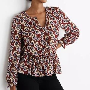 Madewell Drawstring Ruffle-Hem Blouse Top in Viola Floral Dusty Burgundy XS NWT